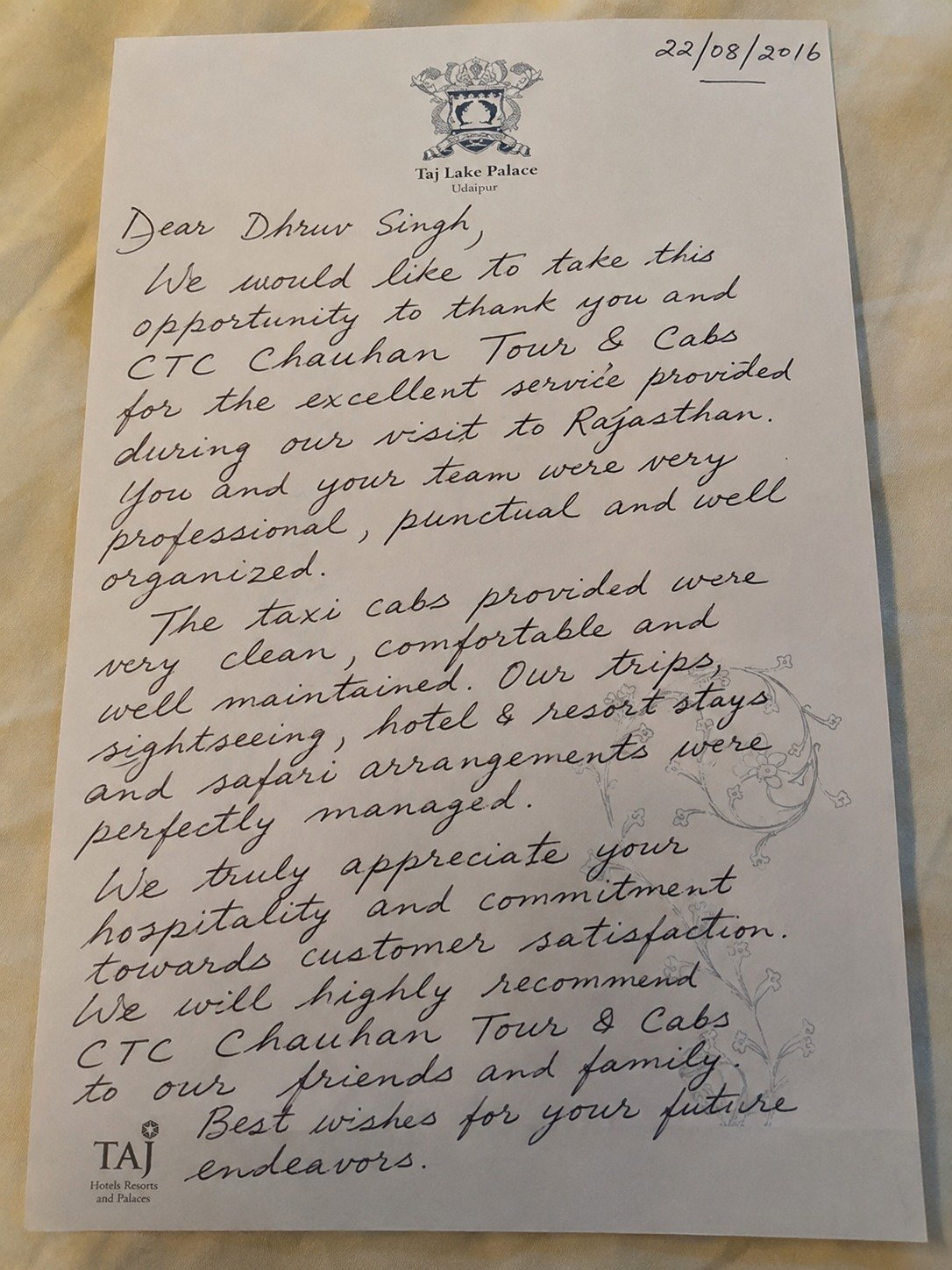 Guest handwritten review at Taj Lake Palace Udaipur