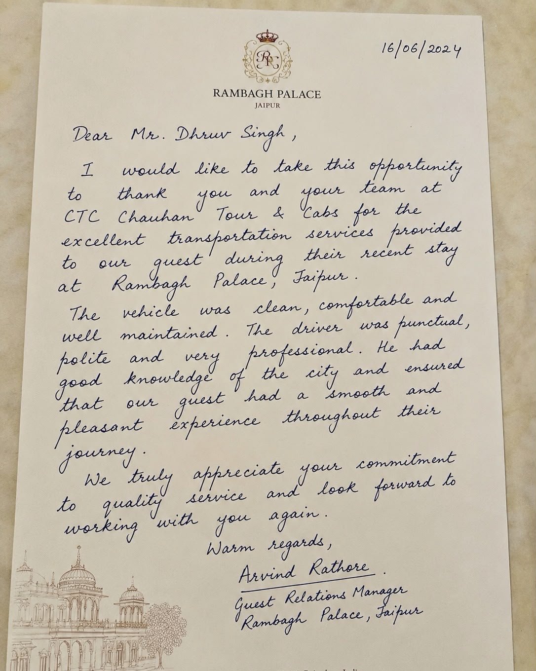 Hand written guest review from Taj Lake Palace Udaipur